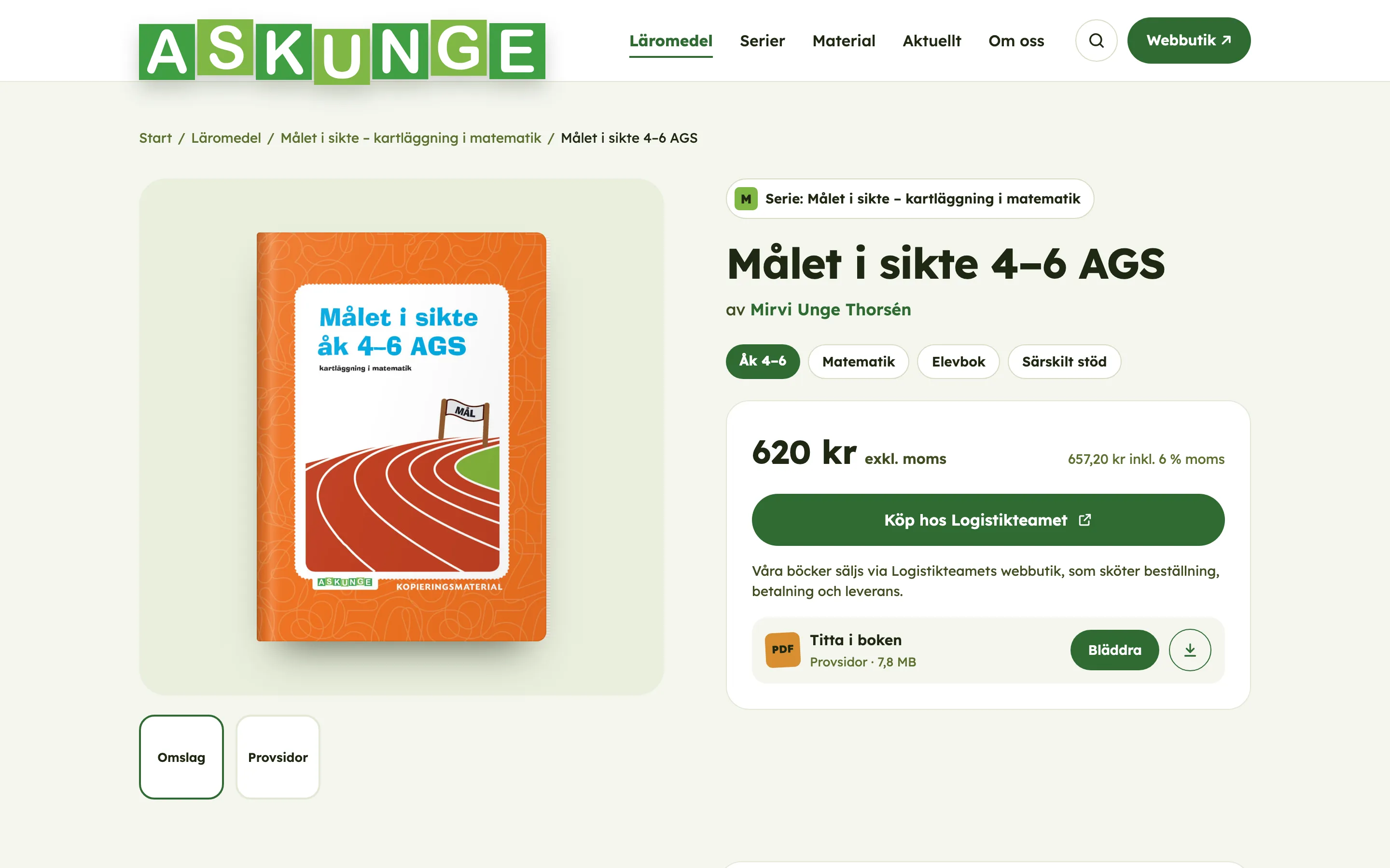 En produktsida på askunge.se med omslag, pris och knappen Köp hos Logistikteamet.